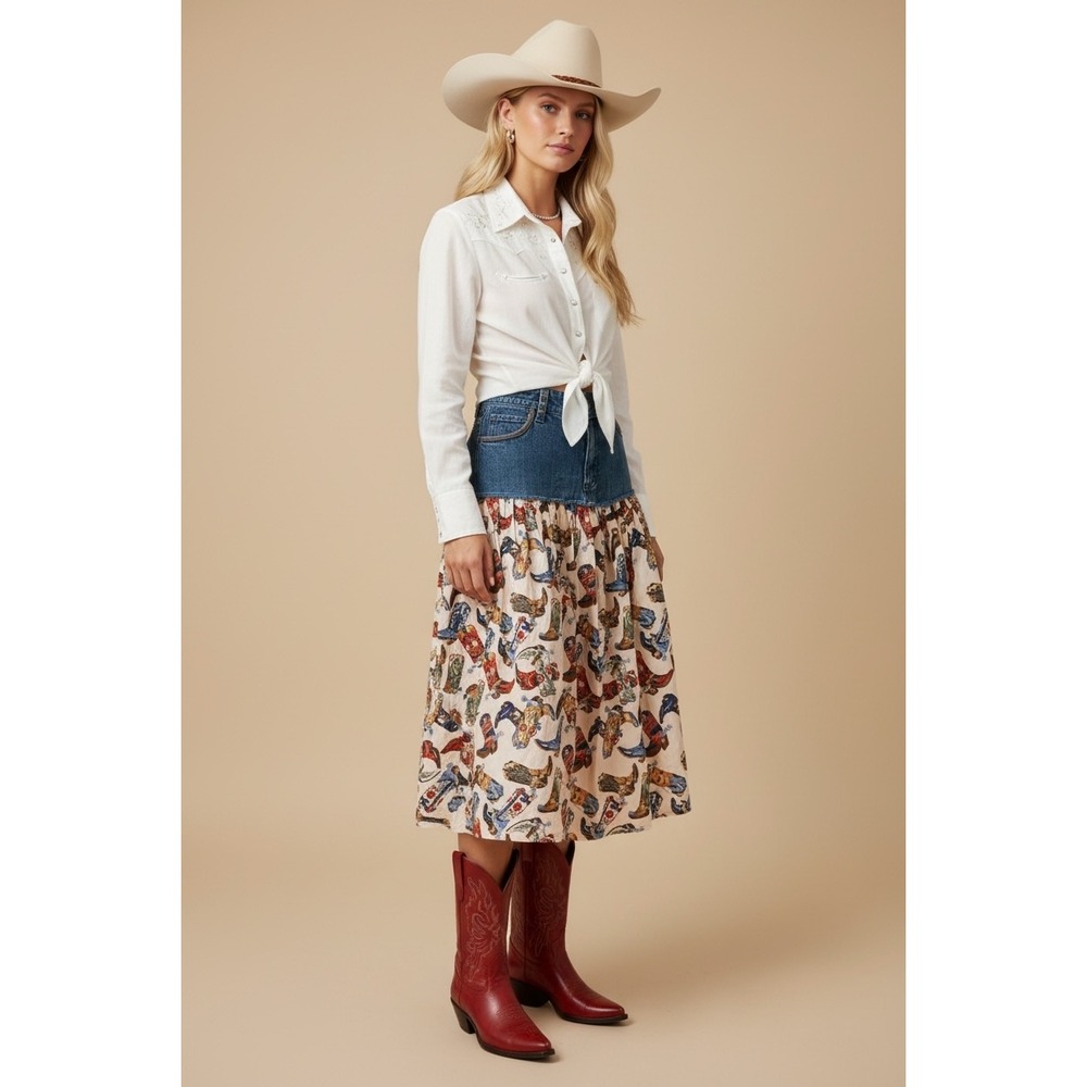 Harley-Davidson Western‎ Denim Leather Cowboy Boot Print Midi Skirt Size 6 Blue